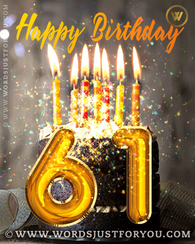 Happy 61St Birthday Gif With Chocolate Cake, Candles And Glitter