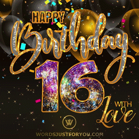 Animated Happy 16Th Birthday Gif Image Card With Glitter Sparkles And Confetti