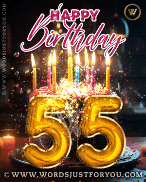 Happy 55th Birthday Gif with Chocolate Cake, Candles, Glitter Confetti - Happy 55th Birthday Gif