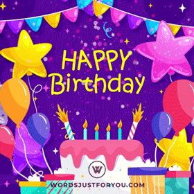 Purple Background Happy Birthday Gif With Cake, Balloons, Stars, Candles, Confetti And Glitter