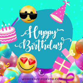 Happy Birthday Gif With Emoji, Cake, Gift Box And Party Hat