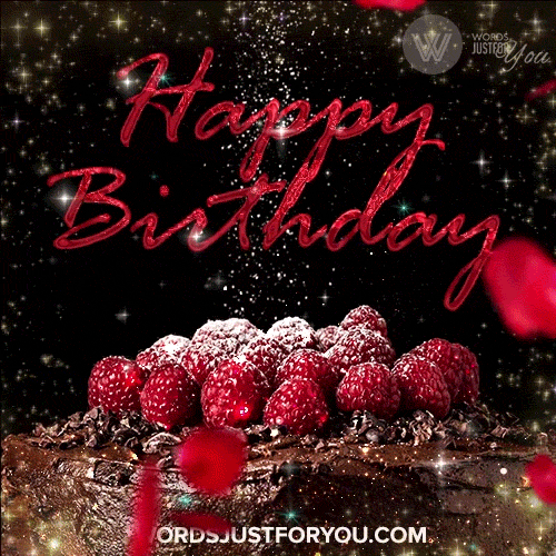 Animated Glitter Chocolate Happy Birthday Cake With Rasberries And Falling Rose Petals Gif