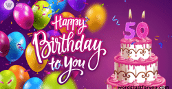 Animated Happy 50th Birthday Gif with Balloons, Cake and Candles