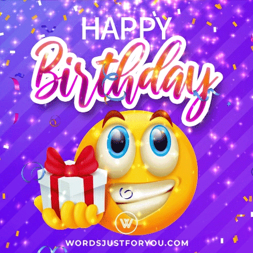 Happy Birthday Gift Gif With Emoji And Falling Confetti And Glitter