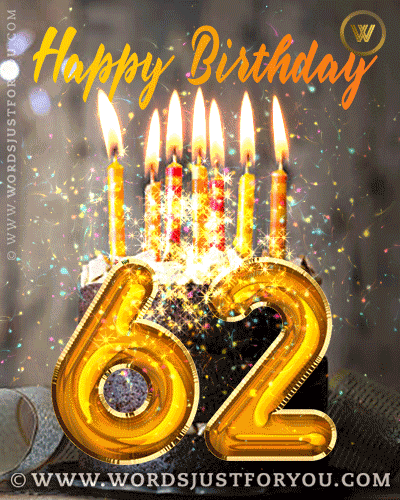 Happy 62Nd Birthday Gif With Chocolate Cake, Candles And Glitter