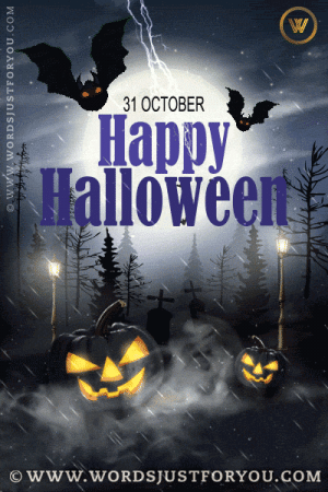 Animated Happy Halloween Gif With Animated Pumpkin, Lightning Rain With A Graveyard Background