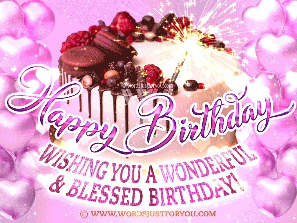 Happy Birthday Blessings Gif With Cake, Hearts, Cookies, Cherries And Sparkles On Pink Background