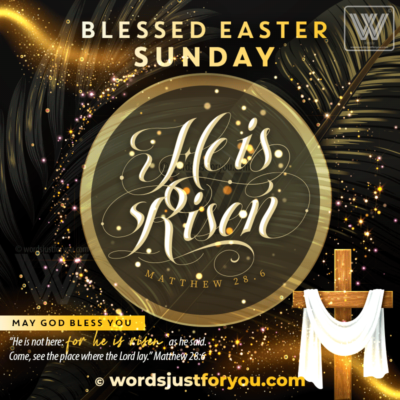He Is Risen Easter Blessings Gif - Happy Easter Religious Gif With Bible Verse, Cross And Glitter