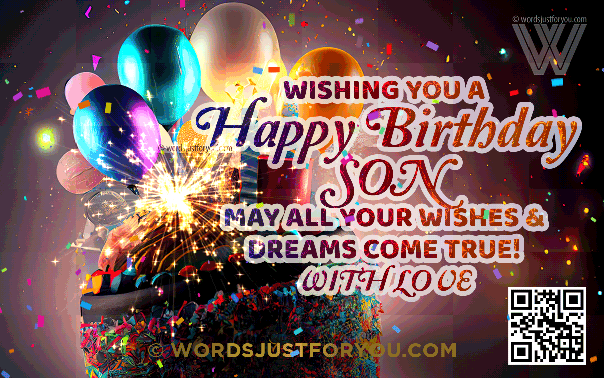 Animated Happy Birthday Gif For Son With Confetti, Cake, Sparkler And Balloons
