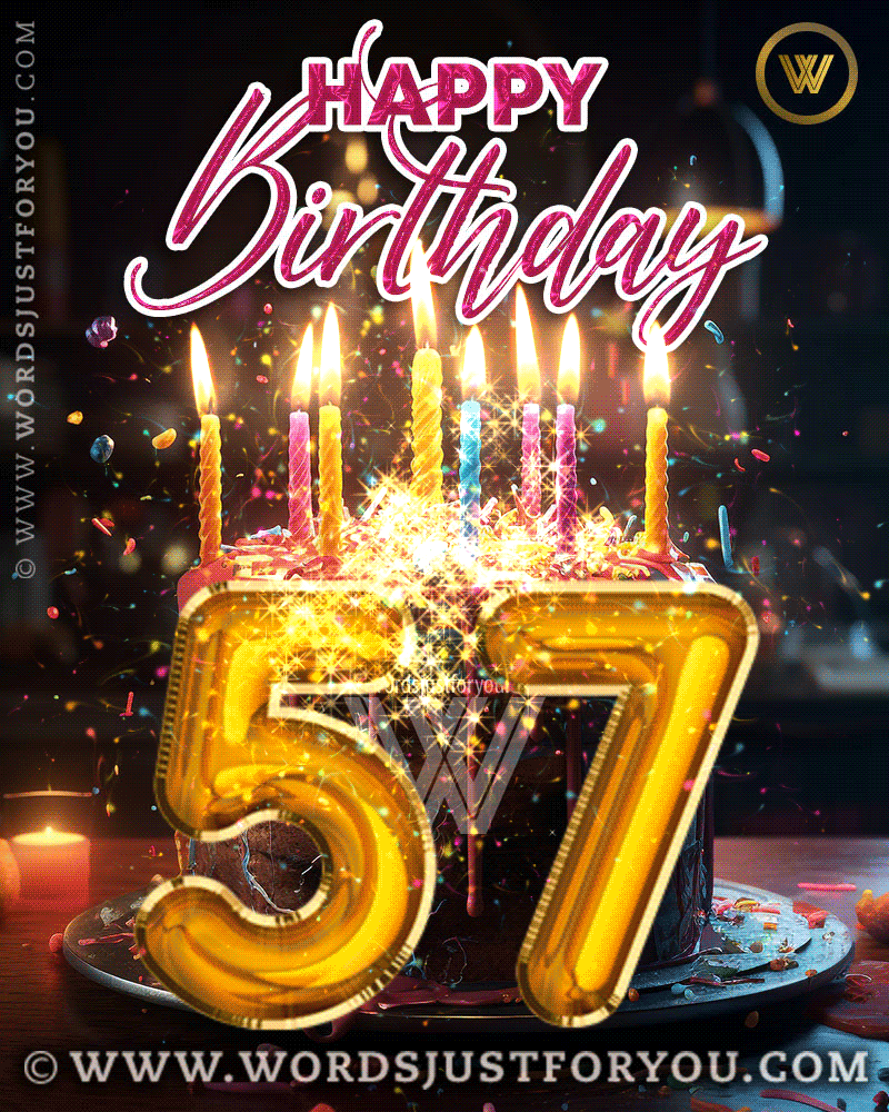 Happy 57Th Birthday Gif With Chocolate Cake, Candles, Glitter Confetti - Happy 57Th Birthday Gif