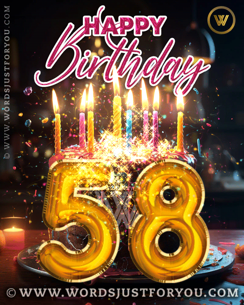 Happy 58Th Birthday Gif With Chocolate Cake, Candles, Glitter Confetti - Happy 58Th Birthday Gif