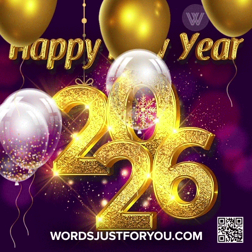 Happy New Year Gif with Gold 2026 and Balloons, Happy New Year GIF, New Year 2026 GIF, happy new year wishes gif, balloons new year gif